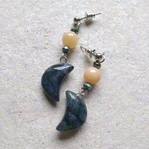 Rustic Woodland Moon Earrings • Moss Agate + Citrine • Lunar Forestcore Jewelry